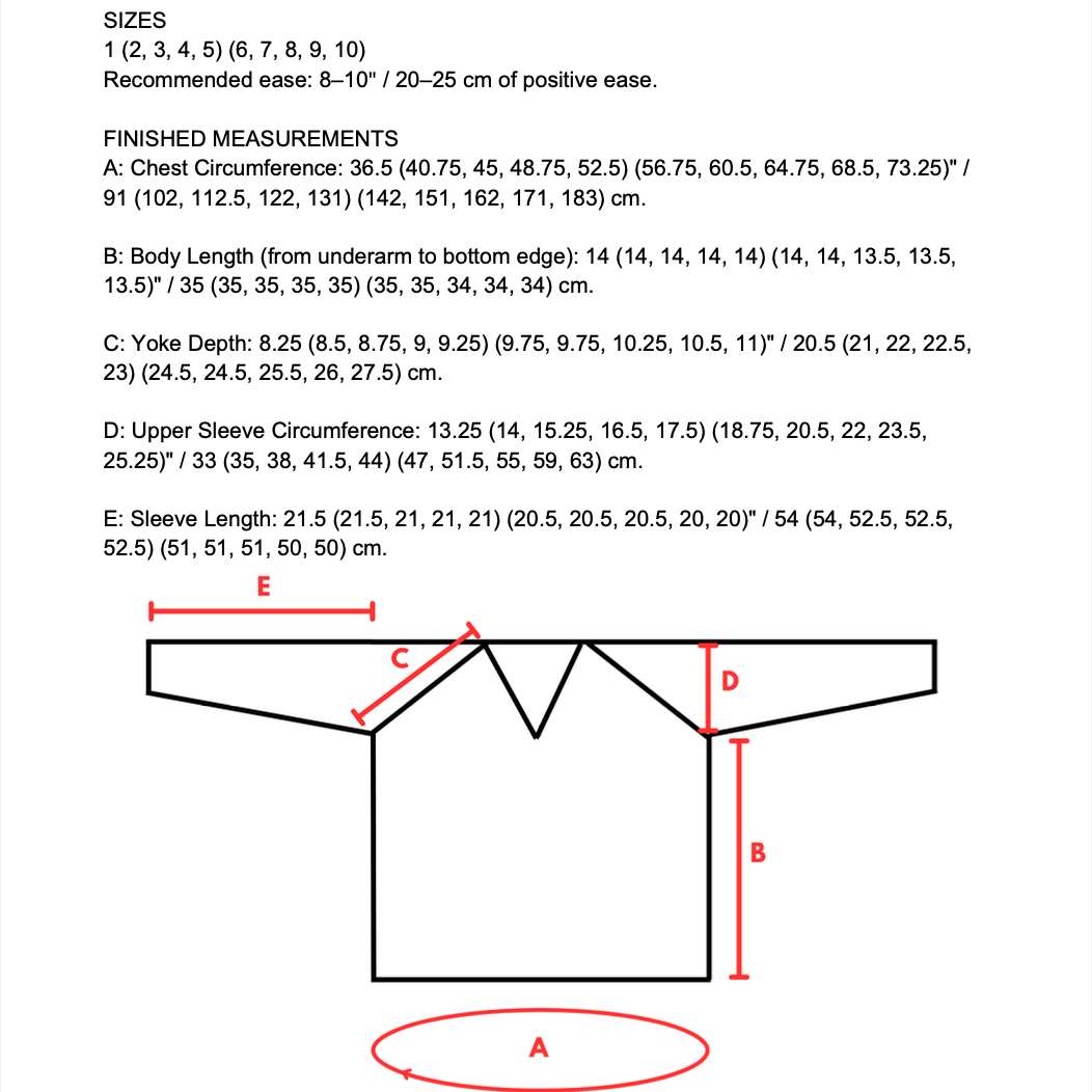 A sizing and measurement diagram for a garment, showing a front view with labeled body length (A), yoke depth (B), upper sleeve circumference (C), and sleeve length (D), plus a chest circumference measurement (E).