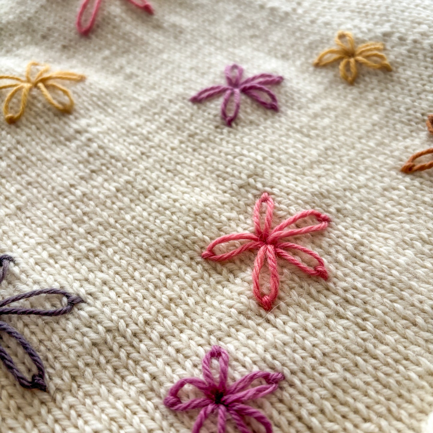 Close-up of a knitted fabric with embroidered flowers in various colors.