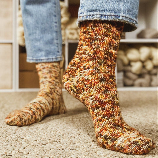 two-at-a-time, toe-up sock formula knitting pattern in variegated wool