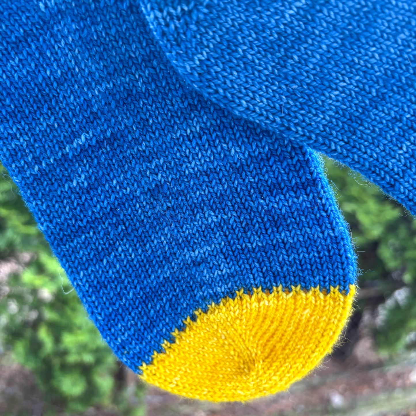 Knitted blue sock with yellow heel and toe area against a blurred natural background