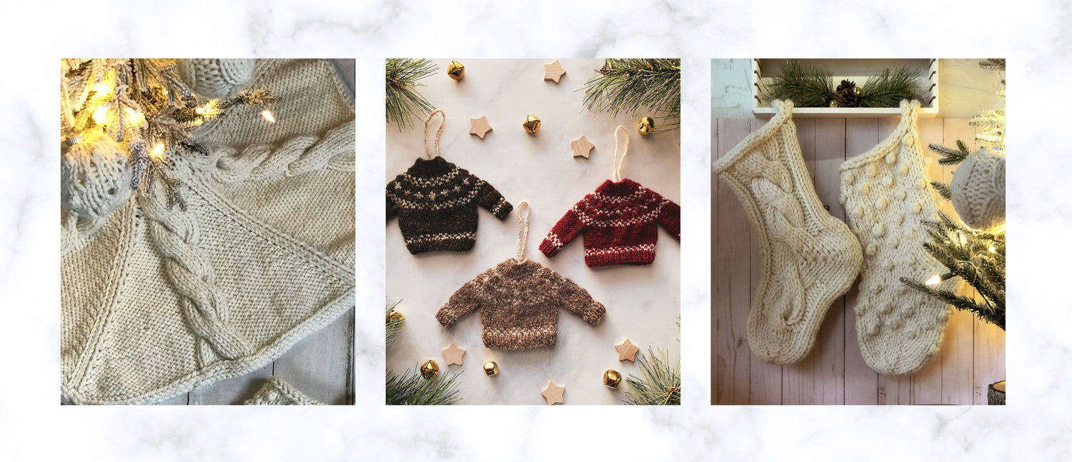 three photos of festive knitting patterns for the holidays - a cable knit tree skirt, mini fair isle jumpers, and cable knit stocking and bobble stocking